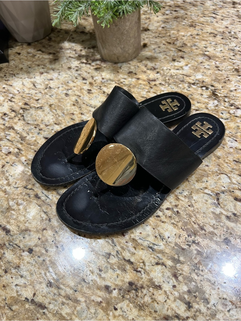 Tory Burch Black Leather Patos Disk Slide Sandals 6M